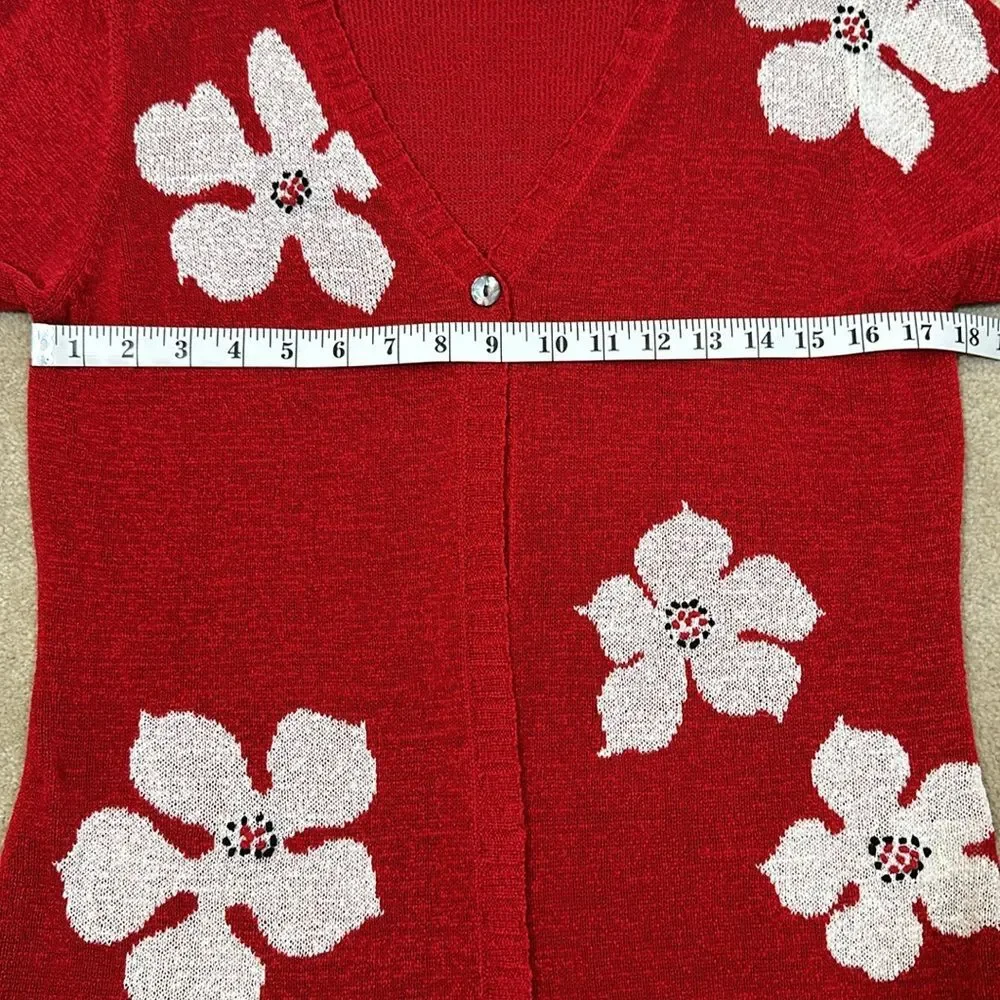 Portraits Northern Isles Red White Flower Knit Cardigan 3/4 Sleeve Women Medium